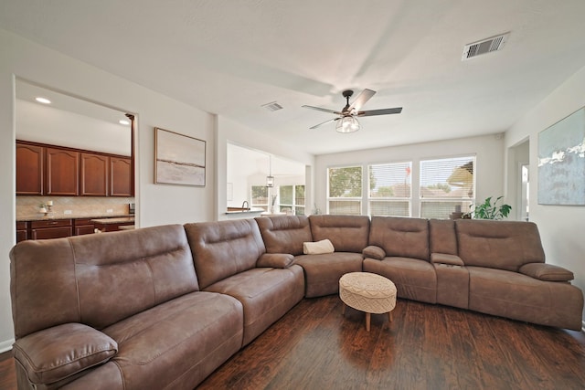 20719 Kerby Pl, Cypress, TX 77433 - living room featuring a ceiling fan and dark wood-style floors
