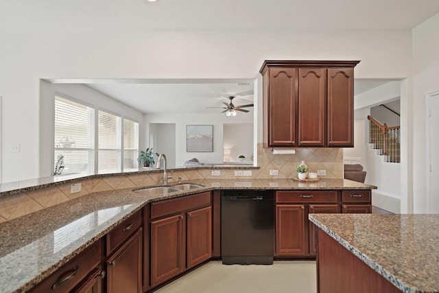 20719 Kerby Pl, Cypress, TX 77433 - kitchen featuring dishwasher, a sink, stone counters, and decorative backsplash