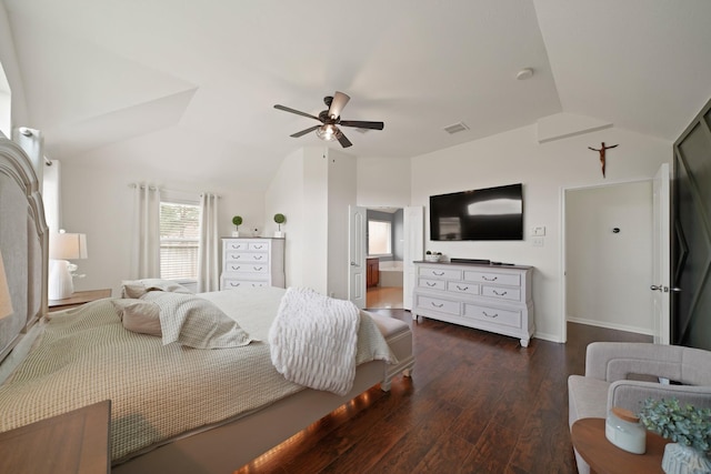 20719 Kerby Pl, Cypress, TX 77433 - bedroom featuring vaulted ceiling, wood finished floors, a ceiling fan, baseboards, and ensuite bathroom