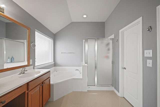 20719 Kerby Pl, Cypress, TX 77433 - full bathroom featuring a shower stall, a bath, vanity, lofted ceiling, and tile patterned floors