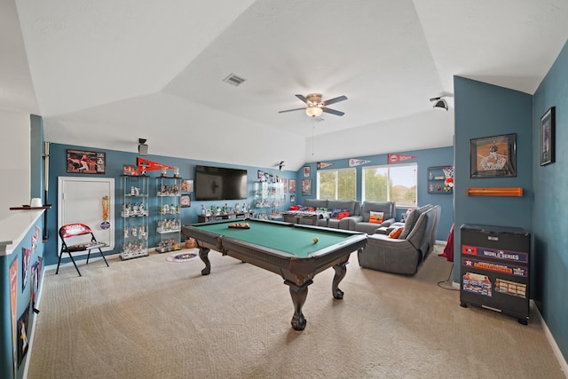 20719 Kerby Pl, Cypress, TX 77433 - game room with vaulted ceiling, ceiling fan, billiards table, carpet, and baseboards