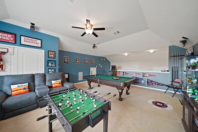 20719 Kerby Pl, Cypress, TX 77433 - recreation room featuring carpet, a ceiling fan, lofted ceiling, baseboards, and billiards