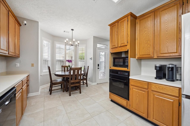 13819 Marbledale Ct, Houston, TX 77059 - kitchen with black appliances, light countertops, a chandelier, baseboards, and a textured ceiling
