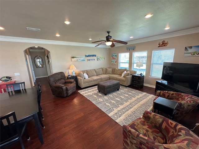 2108 Mills, Crystal Beach, TX 77650 - living room with arched walkways, a ceiling fan, ornamental molding, recessed lighting, and dark wood-style floors