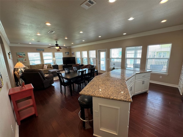 2108 Mills, Crystal Beach, TX 77650 - kitchen with white cabinetry, dark wood-style flooring, a ceiling fan, recessed lighting, and light stone countertops