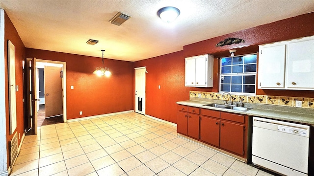 330 Cedar Dr, Hitchcock, TX 77563 - kitchen featuring dishwasher, a sink, a textured ceiling, pendant lighting, and white cabinetry