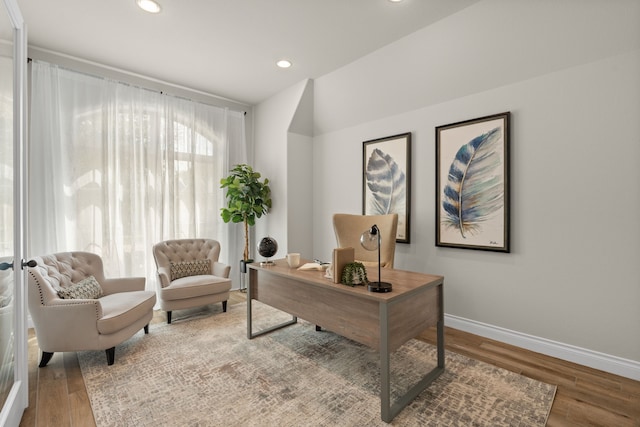 2915 Finch Ct, Katy, TX 77493 - office area featuring baseboards, wood finished floors, and recessed lighting