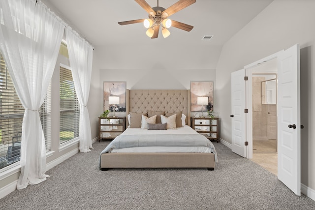 2915 Finch Ct, Katy, TX 77493 - carpeted bedroom featuring baseboards, ceiling fan, lofted ceiling, and connected bathroom