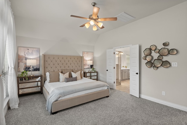 2915 Finch Ct, Katy, TX 77493 - bedroom with light colored carpet, lofted ceiling, baseboards, a ceiling fan, and connected bathroom