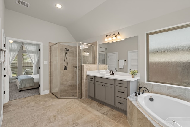 2915 Finch Ct, Katy, TX 77493 - full bath featuring lofted ceiling, vanity, a garden tub, ensuite bathroom, and a stall shower