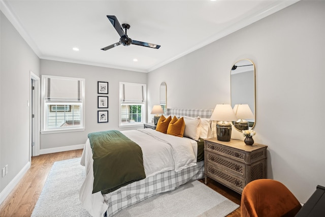 2202 Sul Ross St, Houston, TX 77098 - bedroom with wood finished floors, baseboards, crown molding, recessed lighting, and a ceiling fan