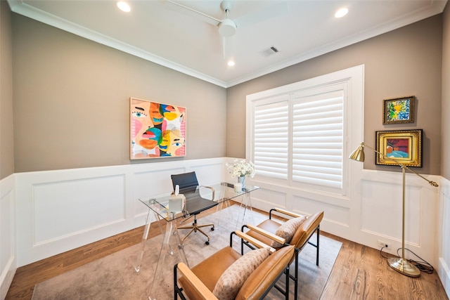 2202 Sul Ross St, Houston, TX 77098 - office area featuring light wood-type flooring, crown molding, a wainscoted wall, and recessed lighting
