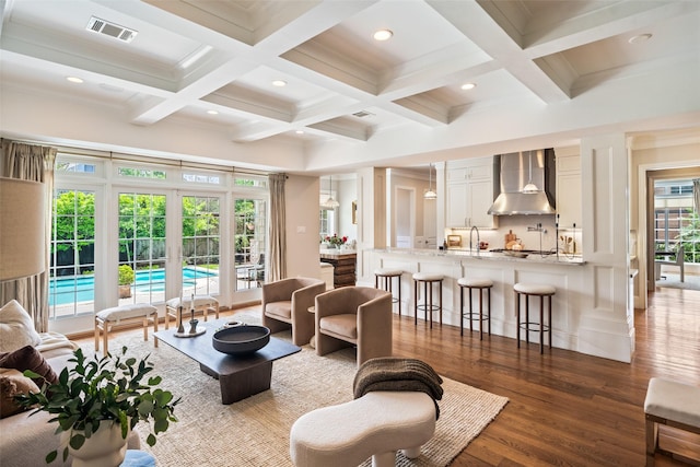 2202 Sul Ross St, Houston, TX 77098 - living area with coffered ceiling, beamed ceiling, dark wood finished floors, recessed lighting, and crown molding