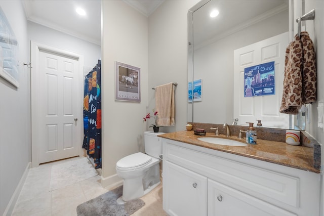 4305 Feagan St, Houston, TX 77007 - bathroom featuring vanity, toilet, baseboards, tile patterned flooring, and crown molding