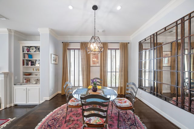 4305 Feagan St, Houston, TX 77007 - dining space featuring dark wood-style floors, baseboards, crown molding, and recessed lighting