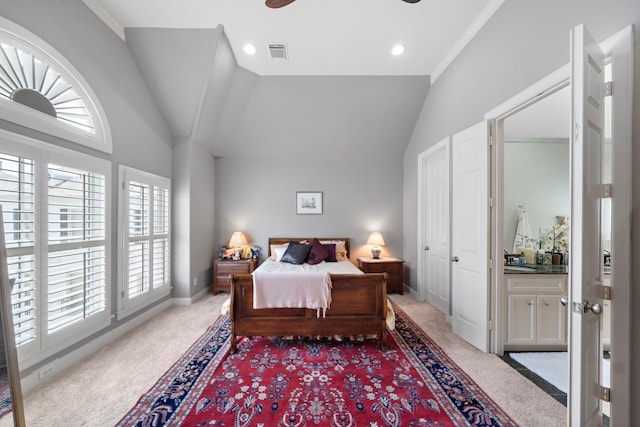 4305 Feagan St, Houston, TX 77007 - bedroom featuring light carpet, vaulted ceiling, baseboards, recessed lighting, and ornamental molding