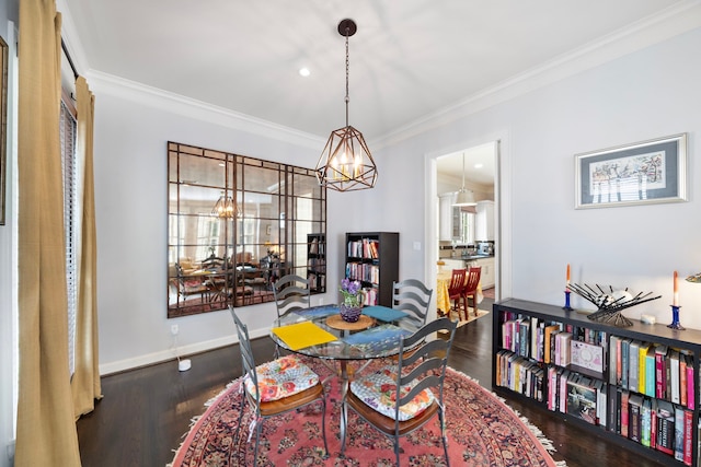 4305 Feagan St, Houston, TX 77007 - dining space with a chandelier, ornamental molding, wood finished floors, baseboards, and recessed lighting