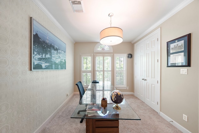 4305 Feagan St, Houston, TX 77007 - carpeted office featuring baseboards and crown molding