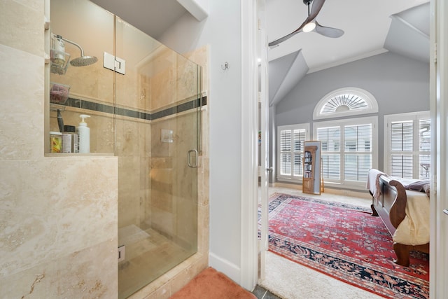 4305 Feagan St, Houston, TX 77007 - full bath featuring a stall shower, lofted ceiling, connected bathroom, ceiling fan, and baseboards
