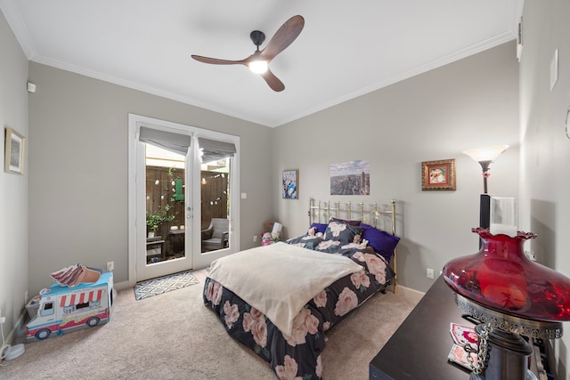 4305 Feagan St, Houston, TX 77007 - bedroom with carpet, access to exterior, ornamental molding, baseboards, and a ceiling fan