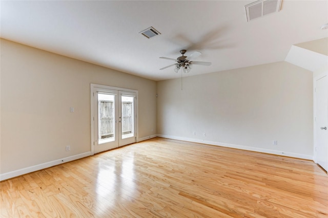 3721 Main Poplar Dr, Houston, TX 77025 - empty room featuring french doors, a ceiling fan, light wood-type flooring, and baseboards