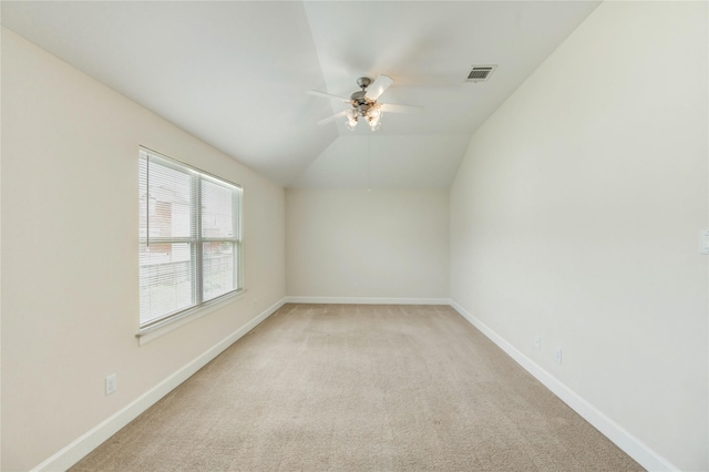 3721 Main Poplar Dr, Houston, TX 77025 - unfurnished room with a ceiling fan, light colored carpet, baseboards, and vaulted ceiling