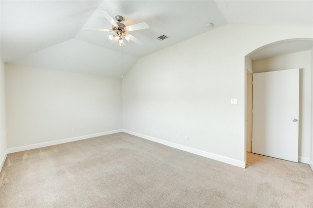 3721 Main Poplar Dr, Houston, TX 77025 - bonus room featuring arched walkways, lofted ceiling, carpet floors, ceiling fan, and baseboards