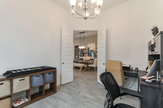 30707 Thicket Ct, Fulshear, TX 77441 - office area featuring a chandelier and light wood-style flooring