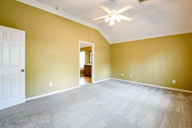 18002 Outback Lakes Trl, Humble, TX 77346 - empty room with ornamental molding, light colored carpet, a ceiling fan, baseboards, and lofted ceiling