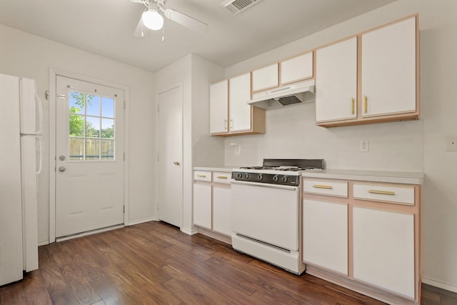 6427 Burdine Ct, Houston, TX 77085 - kitchen featuring white appliances, under cabinet range hood, light countertops, dark wood-style flooring, and a ceiling fan