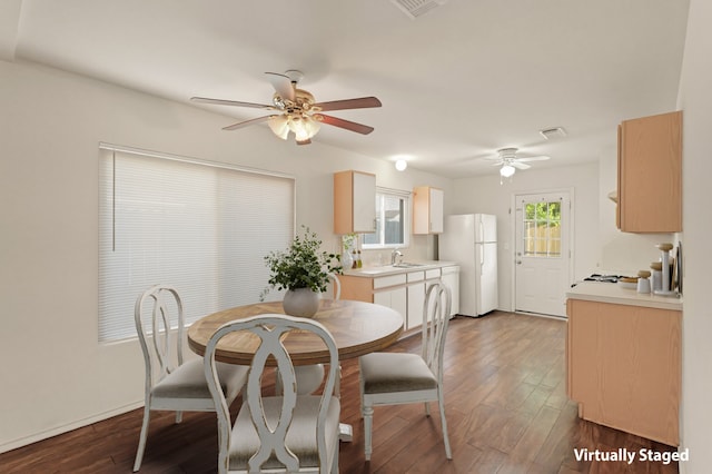 6427 Burdine Ct, Houston, TX 77085 - dining room featuring ceiling fan and dark wood-style floors