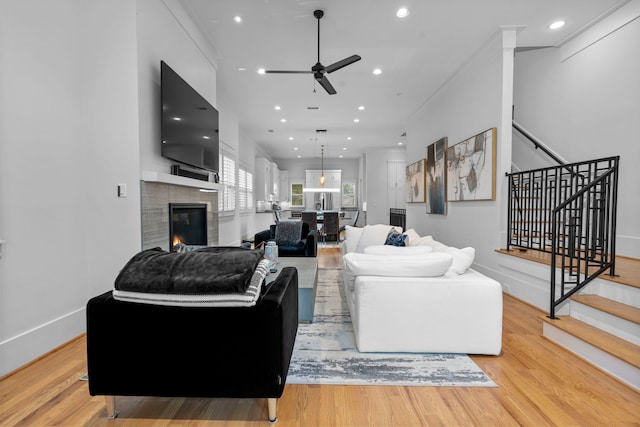 208 Aurora St Unit B, Houston, TX 77008 - living area with ceiling fan, stairs, light wood-style flooring, and recessed lighting