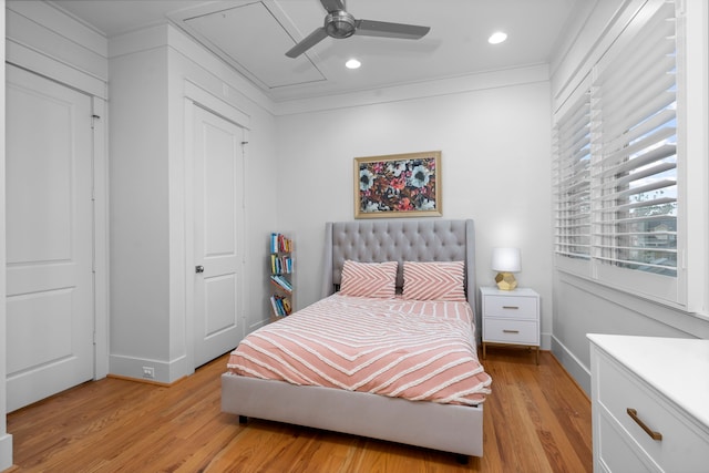 208 Aurora St Unit B, Houston, TX 77008 - bedroom featuring attic access, light wood-style flooring, recessed lighting, ornamental molding, and baseboards
