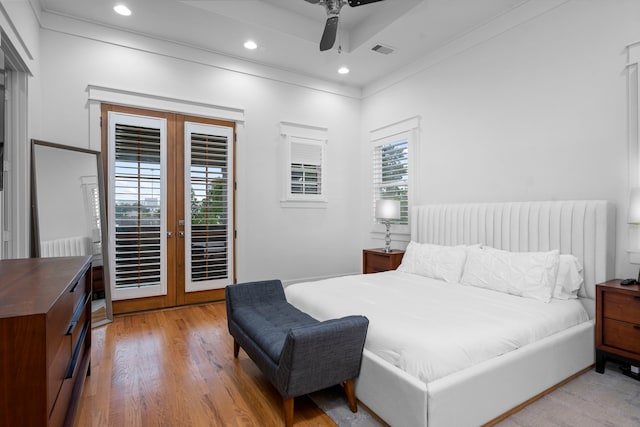 208 Aurora St Unit B, Houston, TX 77008 - bedroom with access to outside, wood finished floors, french doors, ceiling fan, and crown molding