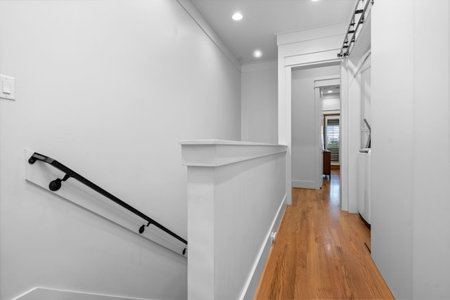 208 Aurora St Unit B, Houston, TX 77008 - corridor with an upstairs landing, light wood-type flooring, recessed lighting, and baseboards