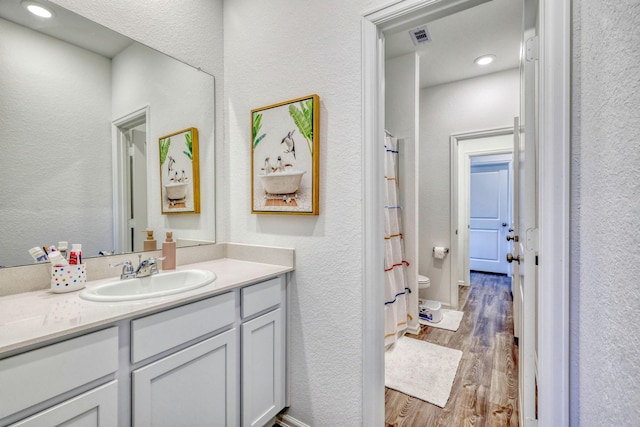 1386 Antigua Dr, Conroe, TX 77301 - bathroom with vanity, wood finished floors, toilet, curtained shower, and a textured wall
