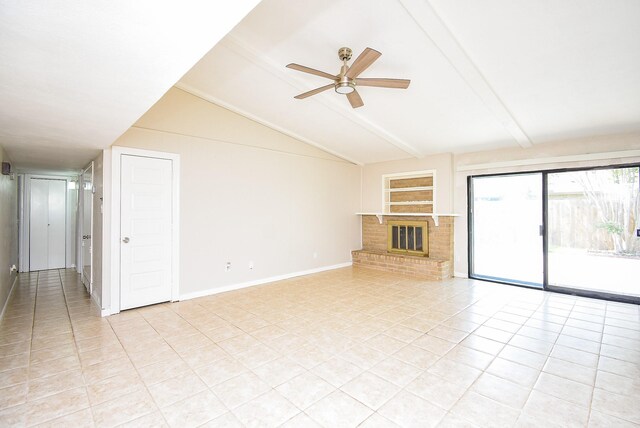 16806 Grampin Dr, Houston, TX 77084 - unfurnished living room with light tile patterned floors, a ceiling fan, a brick fireplace, and baseboards