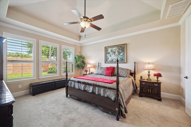5131 Anthony Springs Ln, Sugar Land, TX 77479 - bedroom with a raised ceiling, carpet, baseboards, crown molding, and a ceiling fan