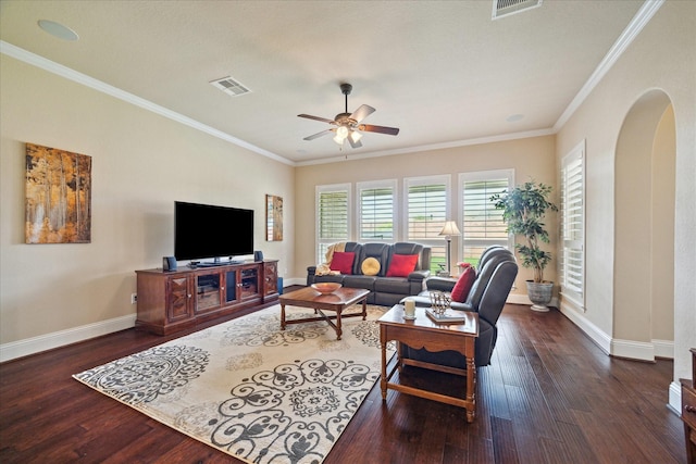 5131 Anthony Springs Ln, Sugar Land, TX 77479 - living room with arched walkways, a ceiling fan, baseboards, wood finished floors, and ornamental molding