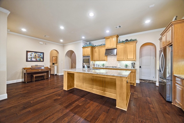 5131 Anthony Springs Ln, Sugar Land, TX 77479 - kitchen with arched walkways, appliances with stainless steel finishes, crown molding, light stone countertops, and dark wood-style floors