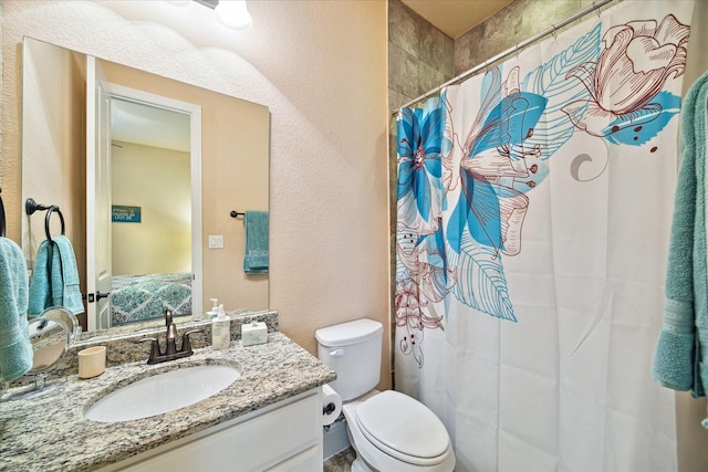 5131 Anthony Springs Ln, Sugar Land, TX 77479 - ensuite bathroom featuring vanity, toilet, curtained shower, and a textured wall