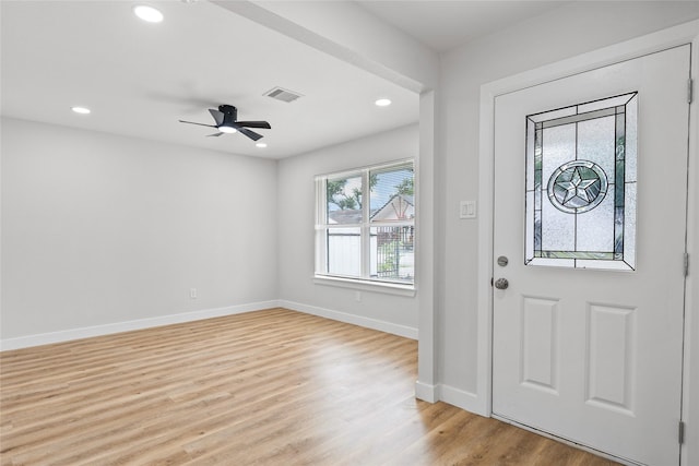 5115 Clay St, Houston, TX 77023 - foyer entrance featuring light wood-type flooring, baseboards, recessed lighting, and ceiling fan