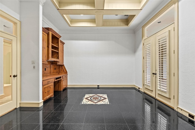 16610 Champagne Falls Ct, Spring, TX 77379 - mudroom featuring granite tiled floors, ornamental molding, beamed ceiling, baseboards, and coffered ceiling