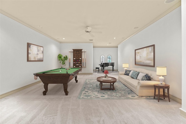 16610 Champagne Falls Ct, Spring, TX 77379 - recreation room with ornamental molding, carpet flooring, billiards, ceiling fan, and baseboards