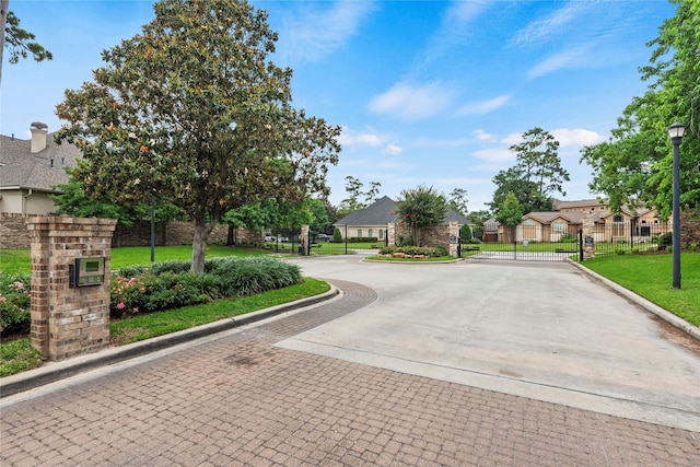 16610 Champagne Falls Ct, Spring, TX 77379 - view of decorative street with curbs, a residential view, street lights, and a gate
