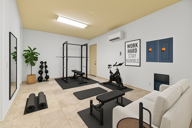 16610 Champagne Falls Ct, Spring, TX 77379 - exercise room with a wall mounted AC, electric panel, baseboards, and light tile patterned flooring