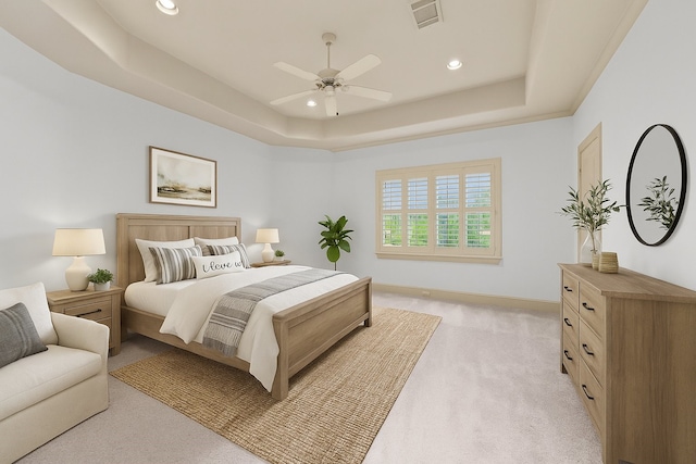16610 Champagne Falls Ct, Spring, TX 77379 - bedroom with light carpet, recessed lighting, a raised ceiling, baseboards, and a ceiling fan