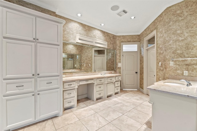 16610 Champagne Falls Ct, Spring, TX 77379 - full bathroom with vanity, tile patterned floors, recessed lighting, and wallpapered walls