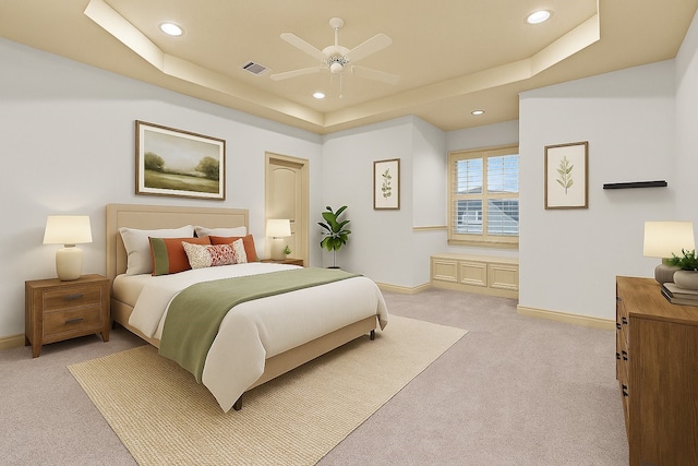 16610 Champagne Falls Ct, Spring, TX 77379 - bedroom featuring a tray ceiling, light colored carpet, recessed lighting, baseboards, and a ceiling fan