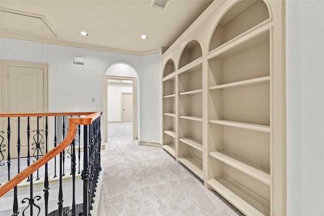 16610 Champagne Falls Ct, Spring, TX 77379 - corridor with attic access, carpet, recessed lighting, and built in shelves